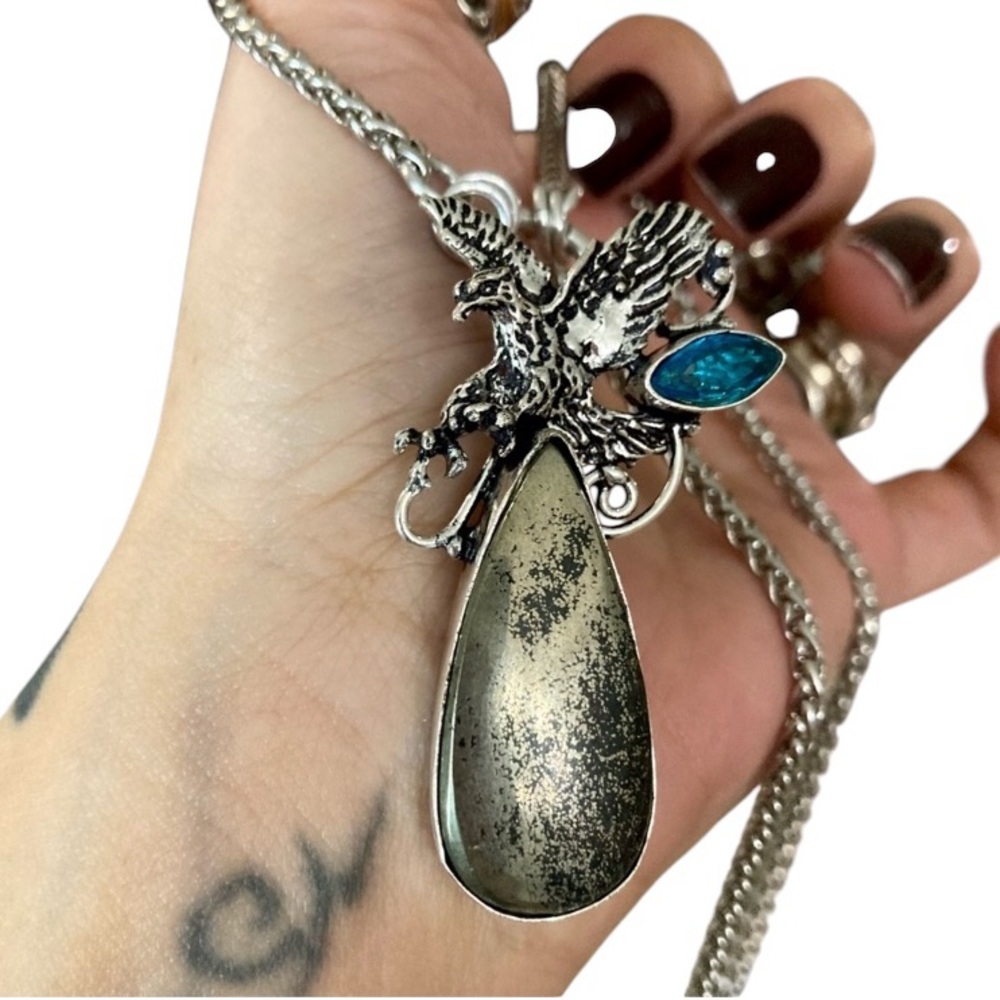 Blue topaz & golden black pyrite gemstone eagle charm boho necklace - Picture 3 of 16